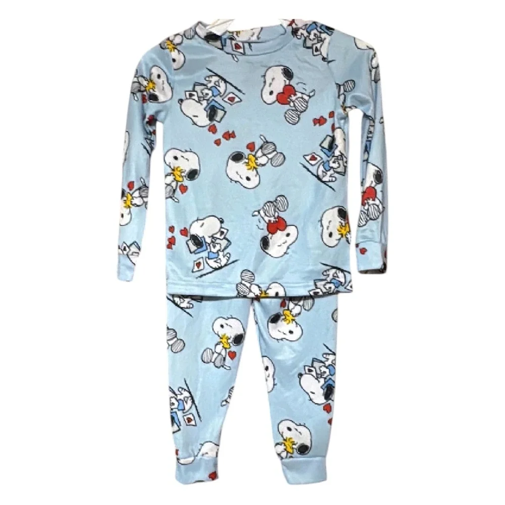 Peanuts Snoopy Woodstock Kids Pajama Set Blue Hearts Valentine Long Sleeve 2PC